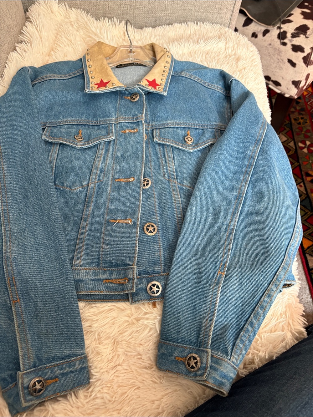 Patricia Wolf Denim Jacket with Studded leather Collar and hand painted details
